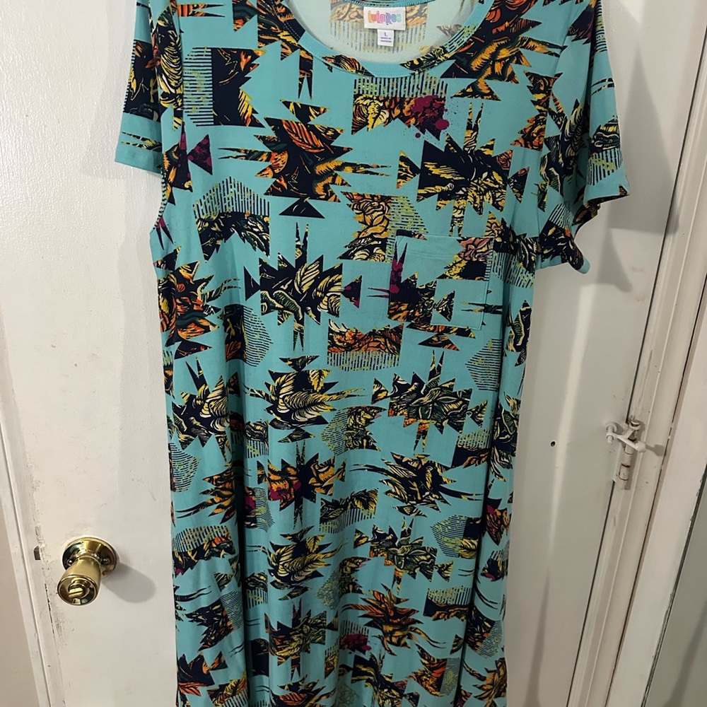 LuLaRoe Asymmetrical Dress in Teal and Yellow Pattern